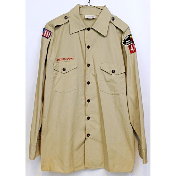 BSA Boy Scouts Of America Boy Sz M Button Up Shirt Khaki Long Sleeve Collared - Picture 1 of 8